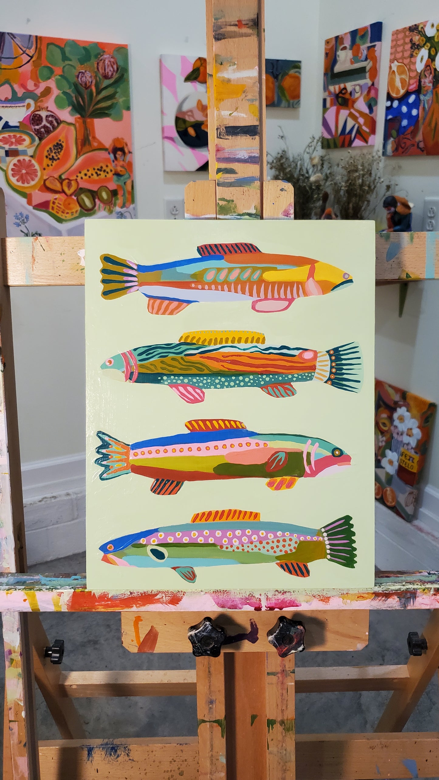 "Pistachio Fish" Original Painting - 11" x 14"
